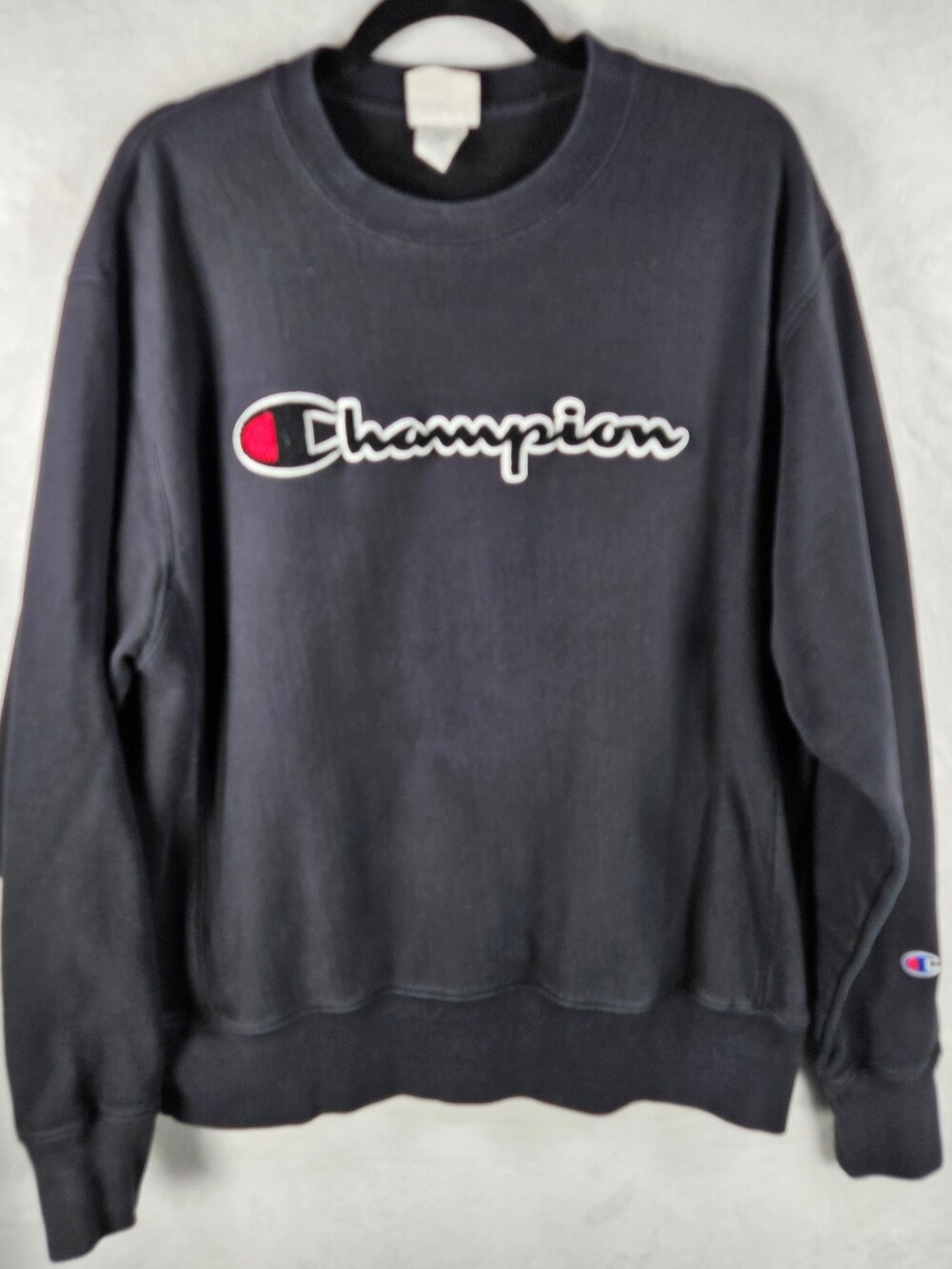 Champion Reverse Weave Crewneck Sweatshirt Script Logo Faded Black Size Large